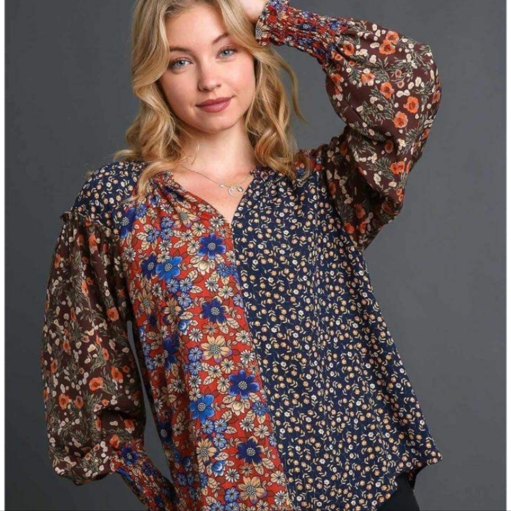 Umgee Womens Mix Media Lightweight Bohemian Blouse Top. Sz L